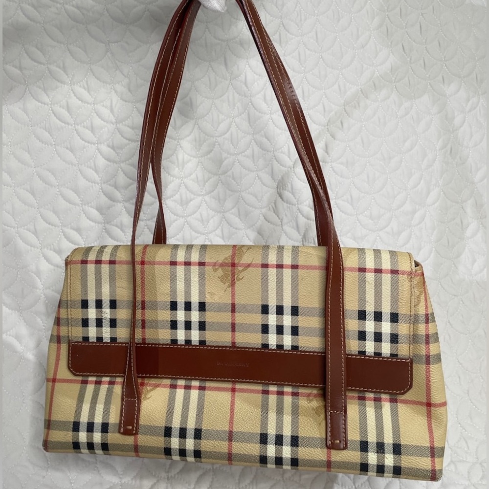 Burberry London Double Strap Shoulder Bag Haymarket Check w/ Leather Trim